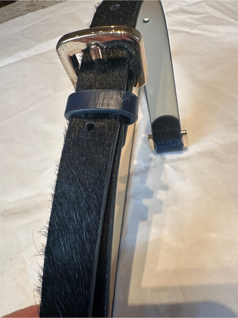 Ann Taylor Black Hair-On Cowhide Belt with Navy leather and Gold-Tone Buckle